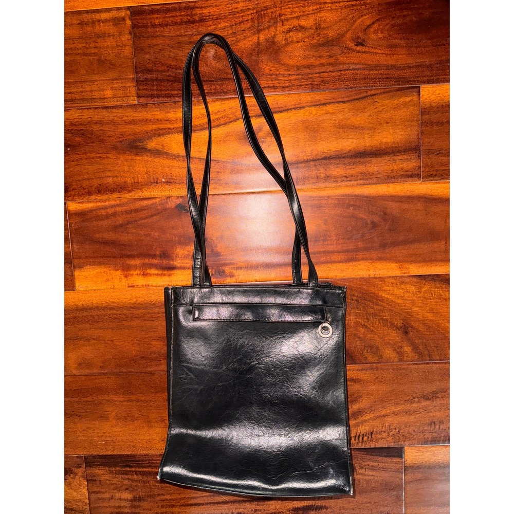 Giannini Black Leather Shoulder Bag Tote Front Zip Pocket Minimalist